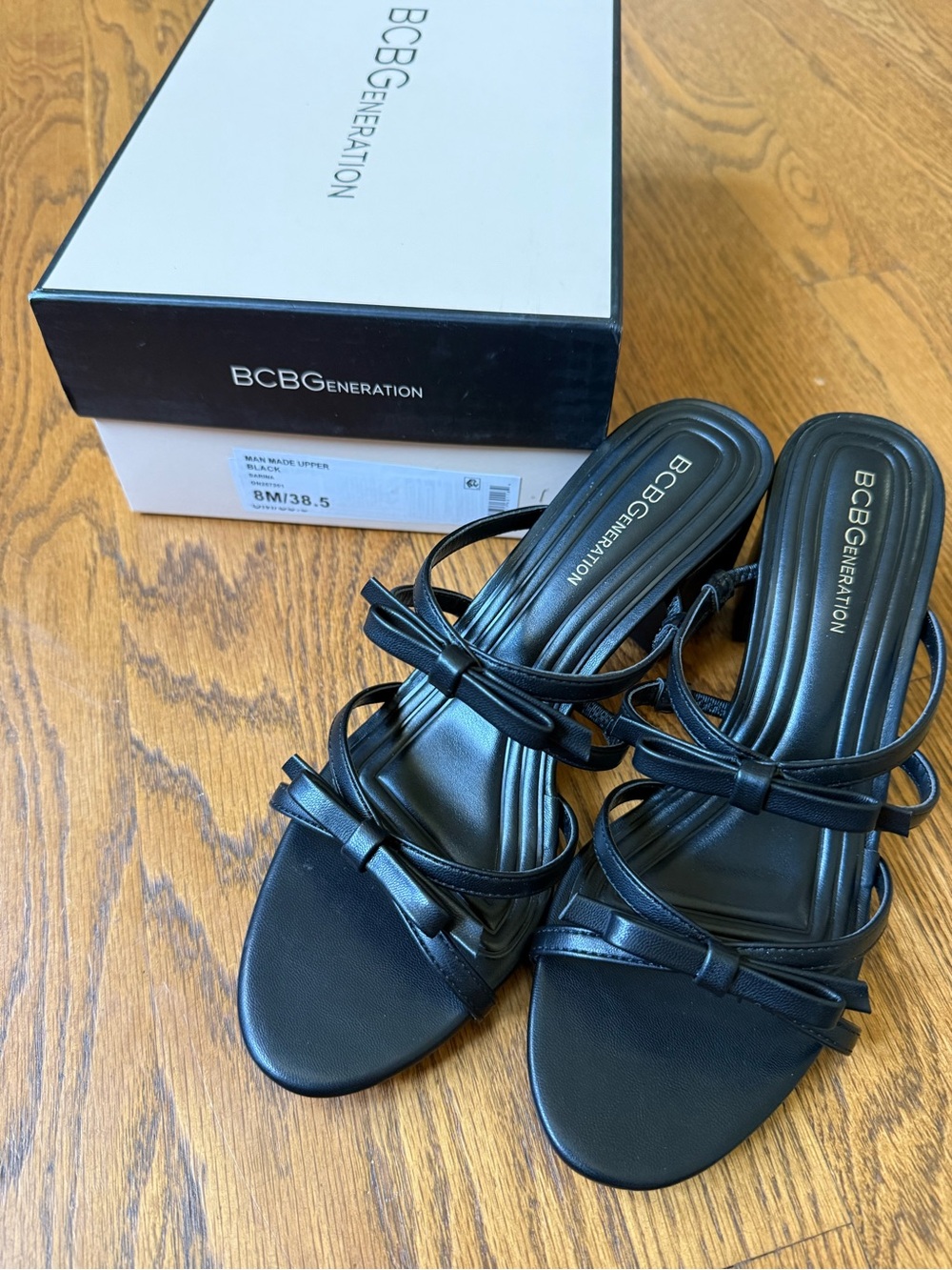 BCBGeneration Black Strappy Bow Slide Heels